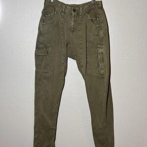 Free People Rule Breaker Slim Pants Womens Green Utility Low Rise Hipster Size S
